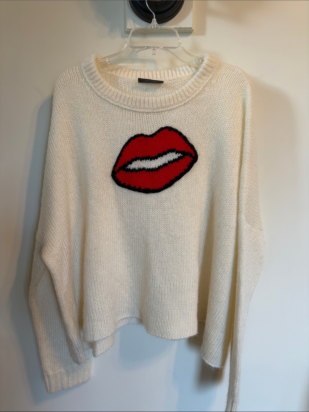 Wooden Ships Red Lips Kiss Sweater Mohair Wool Blend Ivory Graphic Knit Size XL